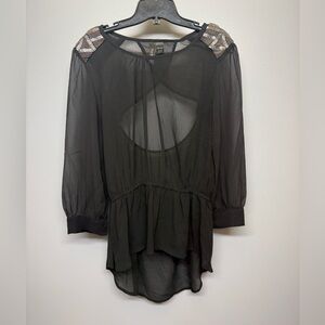 Fun & Flirt Black Sheer Top Embellished Beaded Shoulders Back Cutout SIZE L
